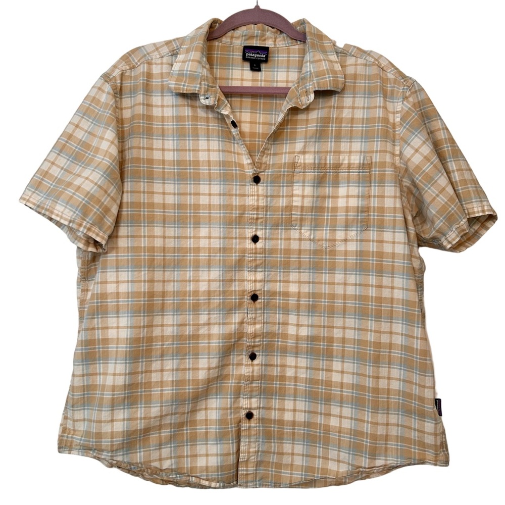 PATAGONIA MENS ORGANIC COTTON SHORT SLEEVE NEUTRAL BUTTON DOWN SHIRT SZ L EUC
